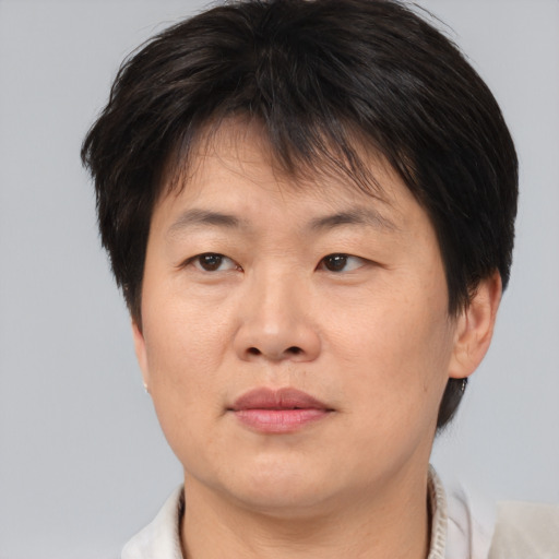 Joyful asian adult female with short  brown hair and brown eyes