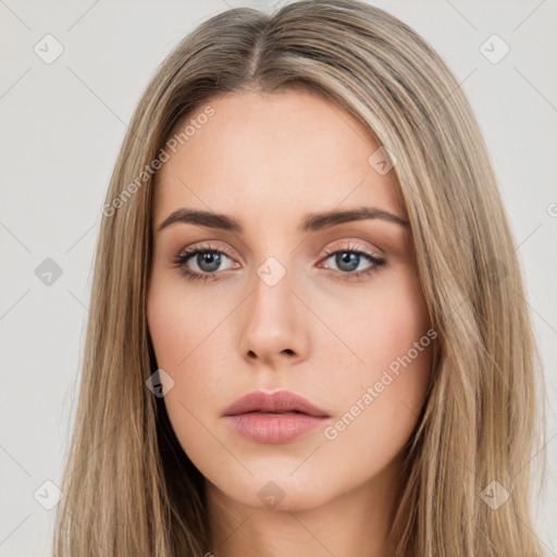 Neutral white young-adult female with long  brown hair and brown eyes