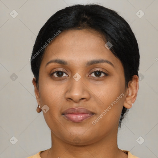 Joyful latino young-adult female with short  black hair and brown eyes