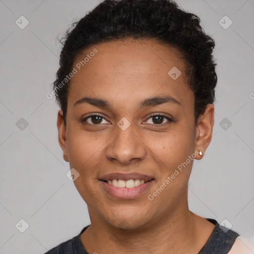 Joyful latino young-adult female with short  black hair and brown eyes