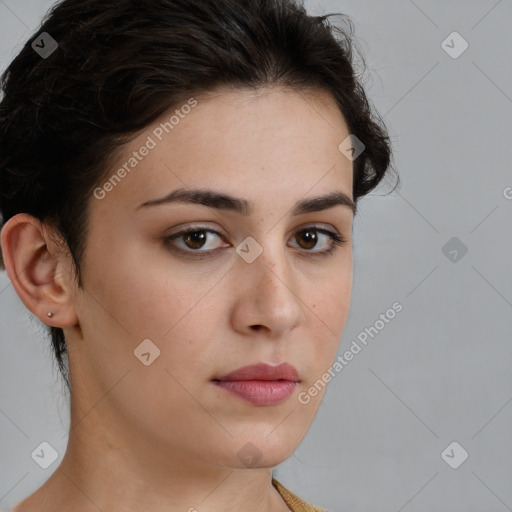 Neutral white young-adult female with short  brown hair and brown eyes