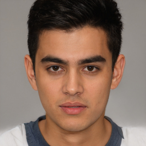 Neutral white young-adult male with short  brown hair and brown eyes