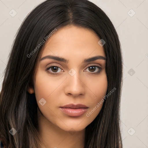 Neutral latino young-adult female with long  brown hair and brown eyes