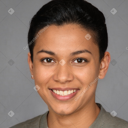 Joyful latino young-adult female with short  brown hair and brown eyes