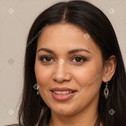 Joyful latino young-adult female with long  brown hair and brown eyes