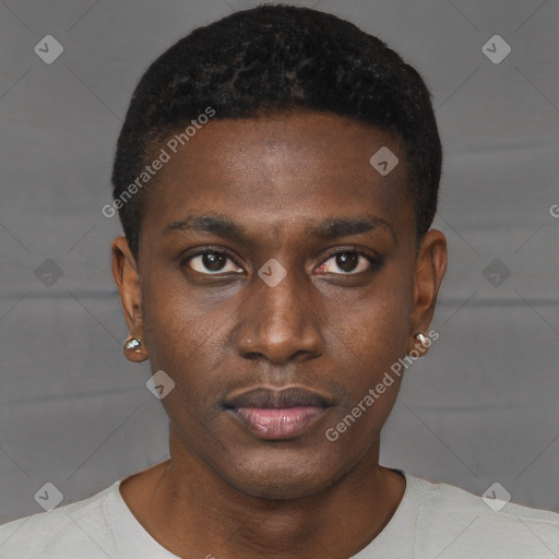 Neutral black young-adult male with short  black hair and brown eyes