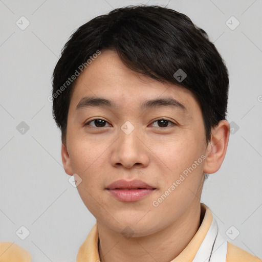 Neutral asian young-adult male with short  brown hair and brown eyes
