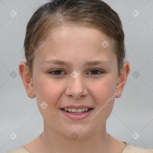 Joyful white child female with short  brown hair and brown eyes