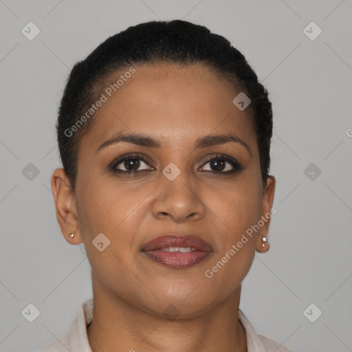 Joyful latino young-adult female with short  brown hair and brown eyes