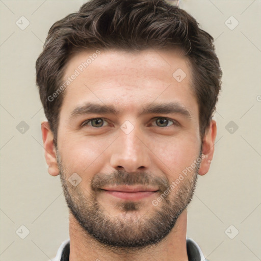 Neutral white young-adult male with short  brown hair and brown eyes