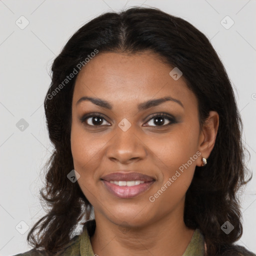 Joyful black young-adult female with medium  brown hair and brown eyes