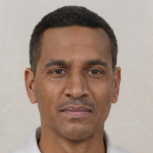 Neutral black adult male with short  brown hair and brown eyes