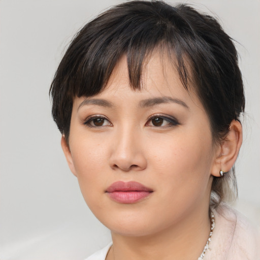Neutral asian young-adult female with medium  brown hair and brown eyes