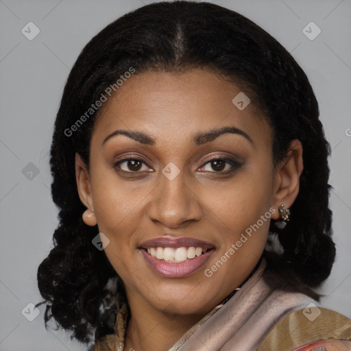 Joyful latino young-adult female with medium  brown hair and brown eyes