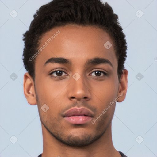 Neutral latino young-adult male with short  brown hair and brown eyes