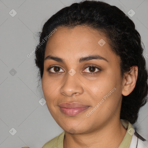 Joyful latino young-adult female with medium  black hair and brown eyes