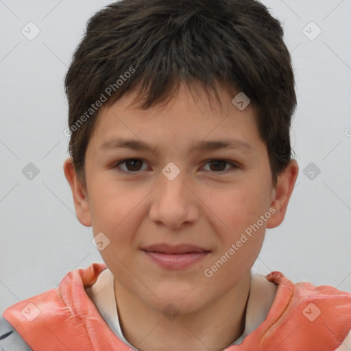 Joyful white child female with short  brown hair and brown eyes