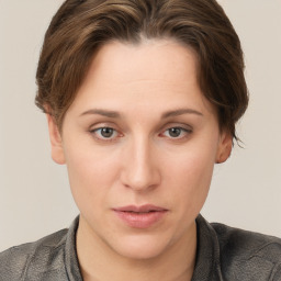 Neutral white young-adult female with short  brown hair and brown eyes