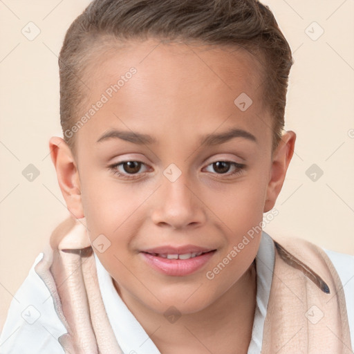 Joyful white child female with short  brown hair and brown eyes