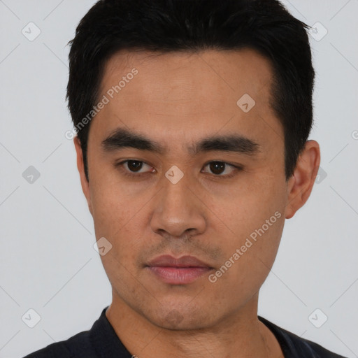 Neutral asian young-adult male with short  black hair and brown eyes