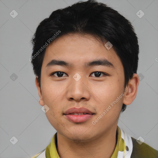 Joyful asian young-adult male with short  black hair and brown eyes
