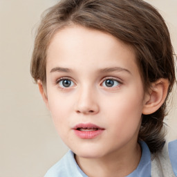 Neutral white child female with medium  brown hair and grey eyes