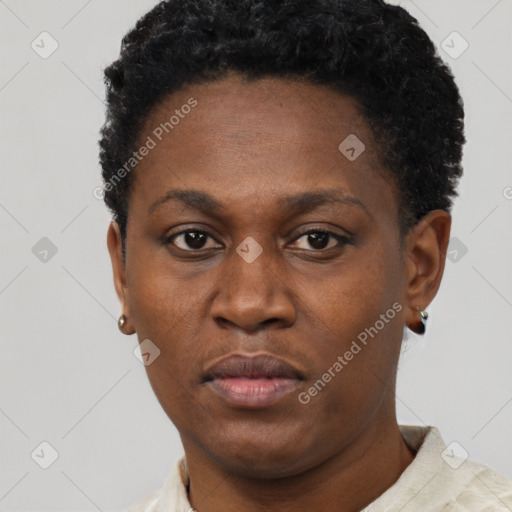 Neutral black adult female with short  brown hair and brown eyes