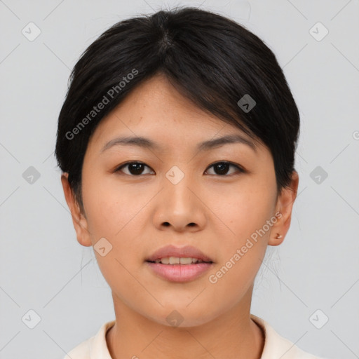 Joyful asian young-adult female with short  brown hair and brown eyes