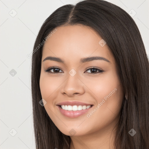 Joyful white young-adult female with long  brown hair and brown eyes