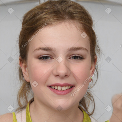 Joyful white child female with medium  brown hair and brown eyes