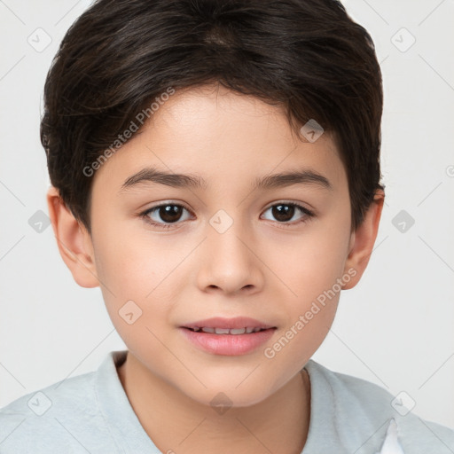 Joyful white child female with short  brown hair and brown eyes