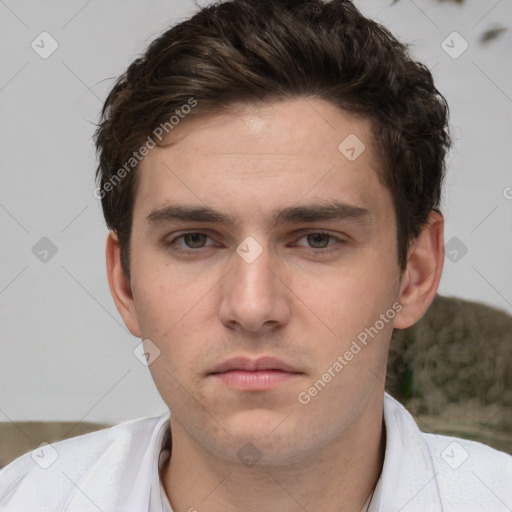 Neutral white young-adult male with short  brown hair and brown eyes