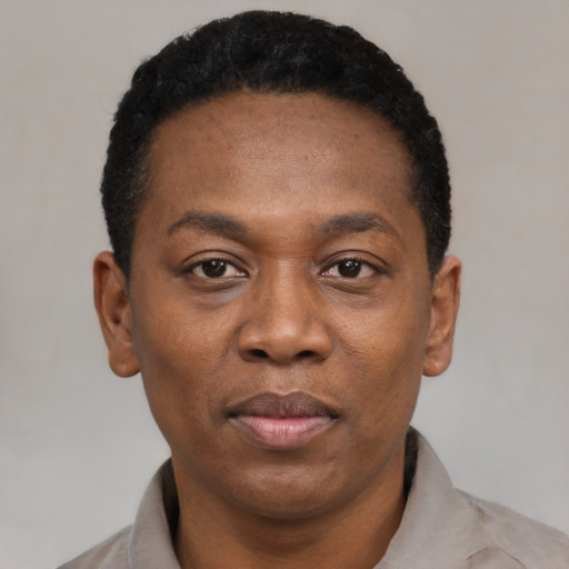 Neutral black adult male with short  black hair and brown eyes