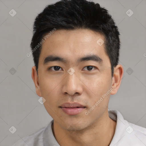 Neutral asian young-adult male with short  black hair and brown eyes