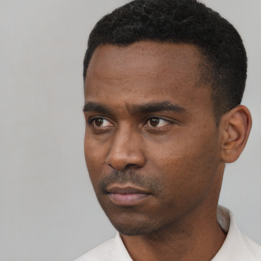 Neutral black young-adult male with short  black hair and brown eyes