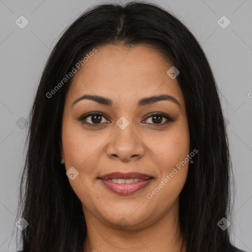 Joyful asian young-adult female with long  brown hair and brown eyes