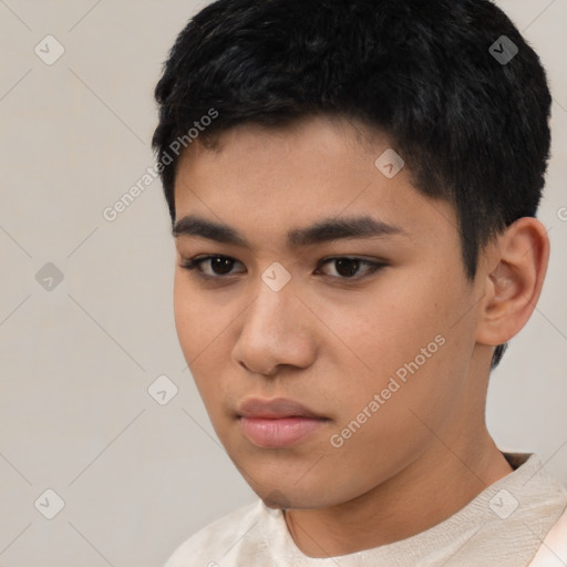 Neutral asian young-adult male with short  black hair and brown eyes