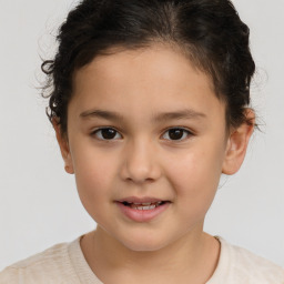 Joyful white child female with short  brown hair and brown eyes