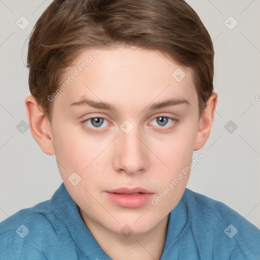 Neutral white young-adult male with short  brown hair and blue eyes