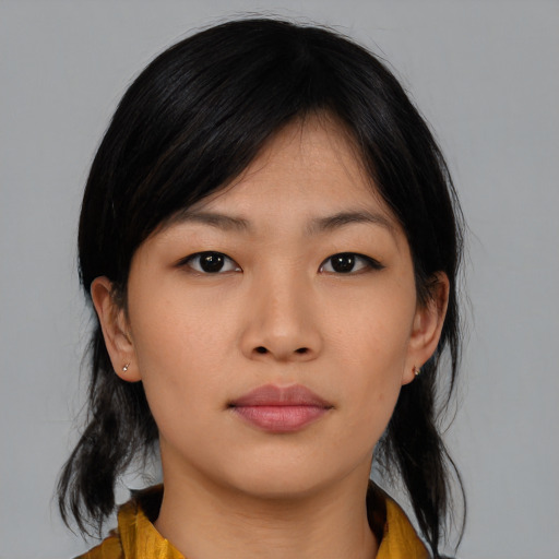 Neutral asian young-adult female with medium  black hair and brown eyes