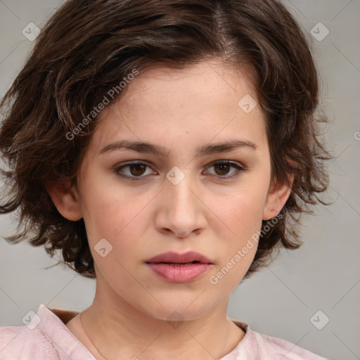 Neutral white young-adult female with medium  brown hair and brown eyes