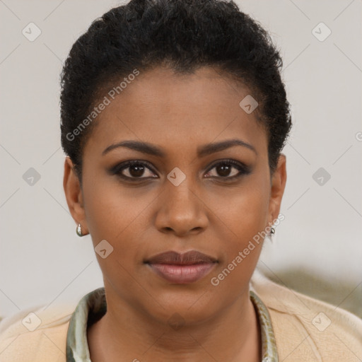 Joyful black young-adult female with short  brown hair and brown eyes