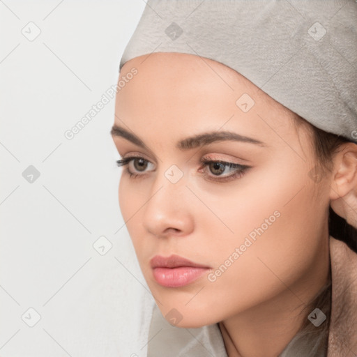 Neutral white young-adult female with medium  brown hair and brown eyes