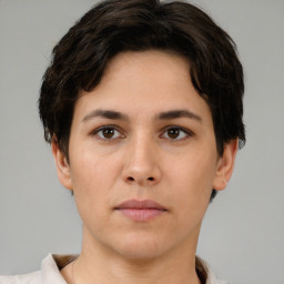 Neutral white young-adult female with short  brown hair and brown eyes