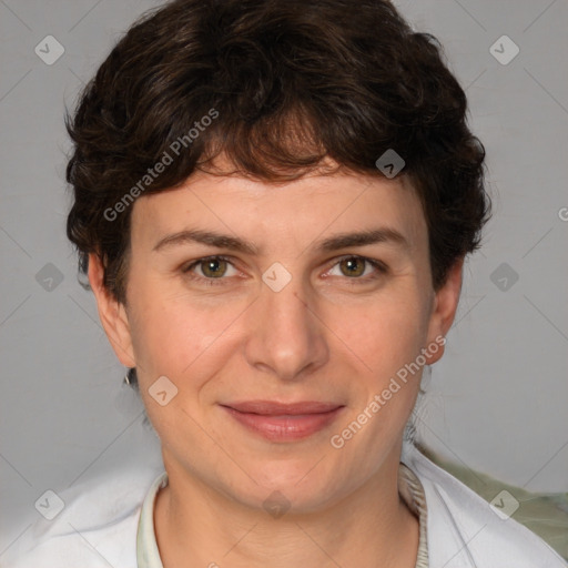 Joyful white adult female with short  brown hair and brown eyes