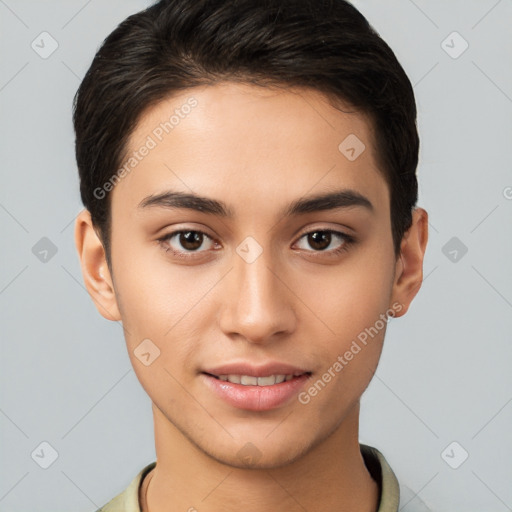 Joyful white young-adult female with short  brown hair and brown eyes