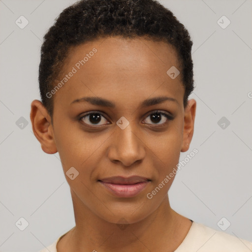 Joyful black young-adult female with short  brown hair and brown eyes