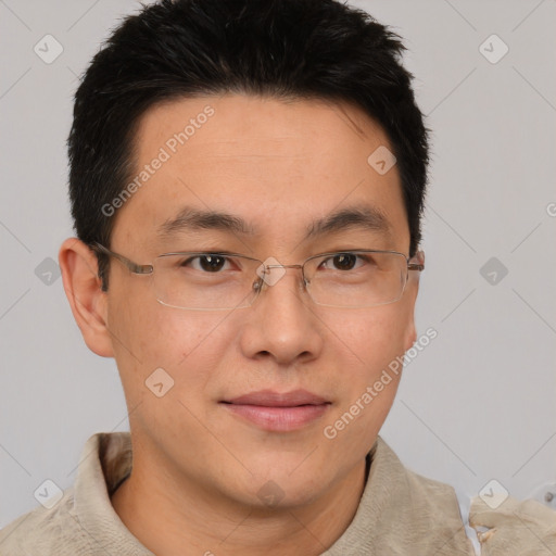 Neutral asian young-adult male with short  brown hair and brown eyes