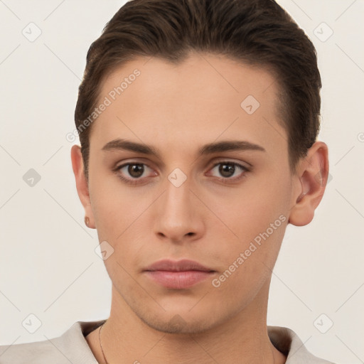 Neutral white young-adult male with short  brown hair and brown eyes