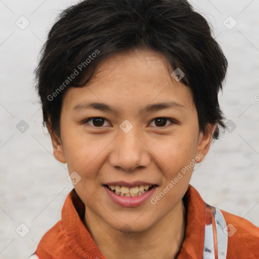 Joyful asian young-adult female with short  brown hair and brown eyes